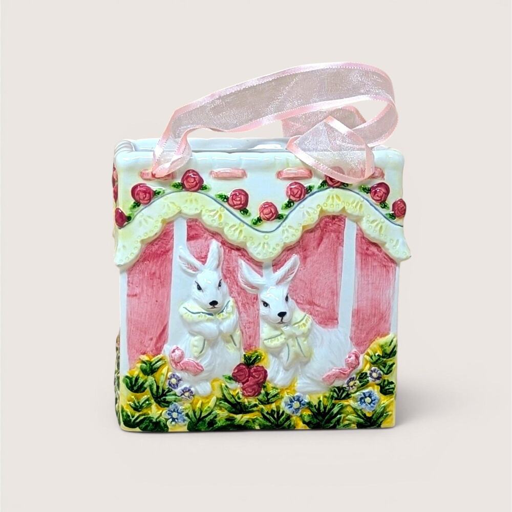 Vintage Ceramic Easter Bunny Gift Bag Vase Planter Ribbon Handle Pink Roses 5"